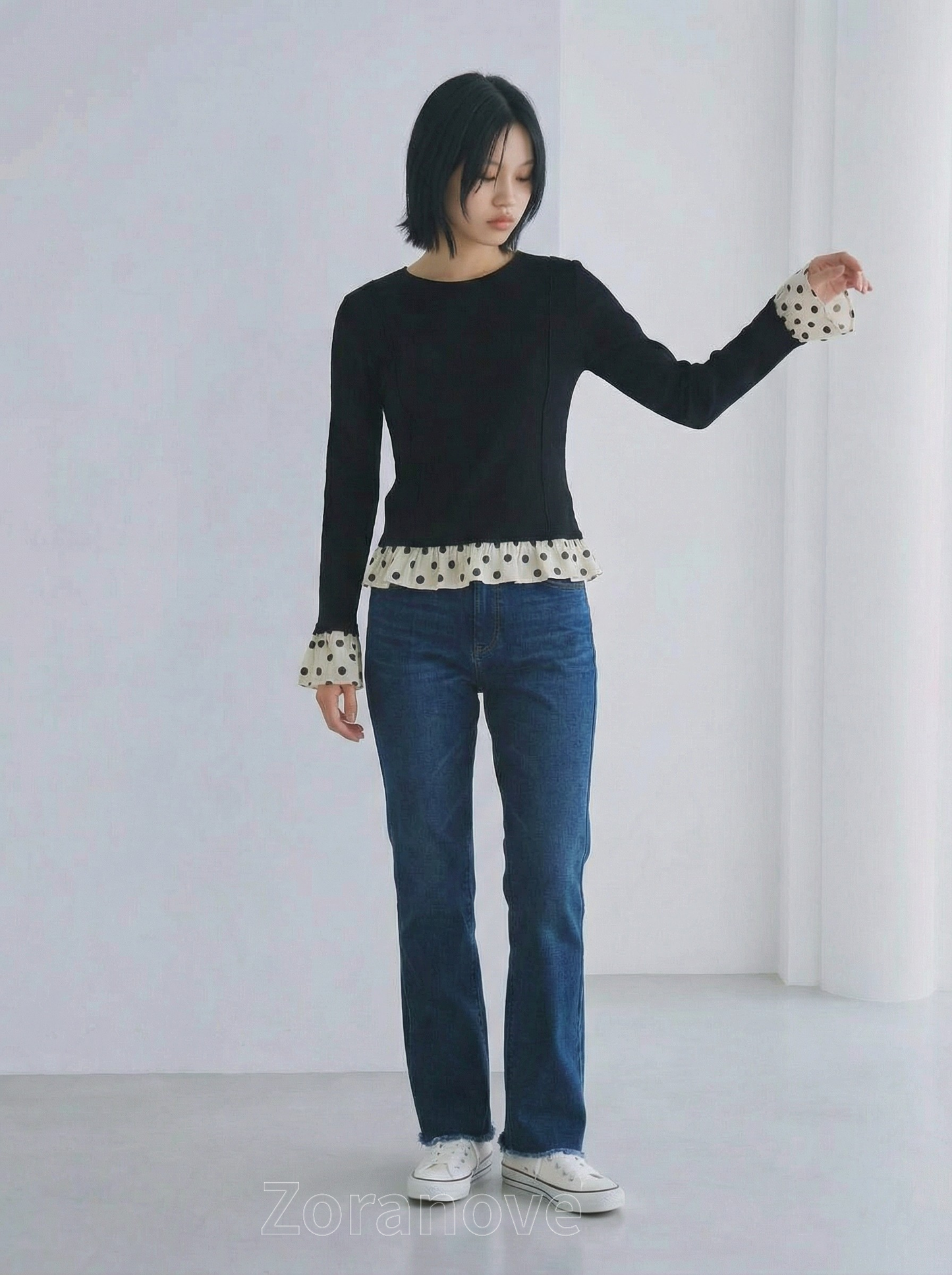 修身顯腰波點荷葉邊假兩件長袖T恤