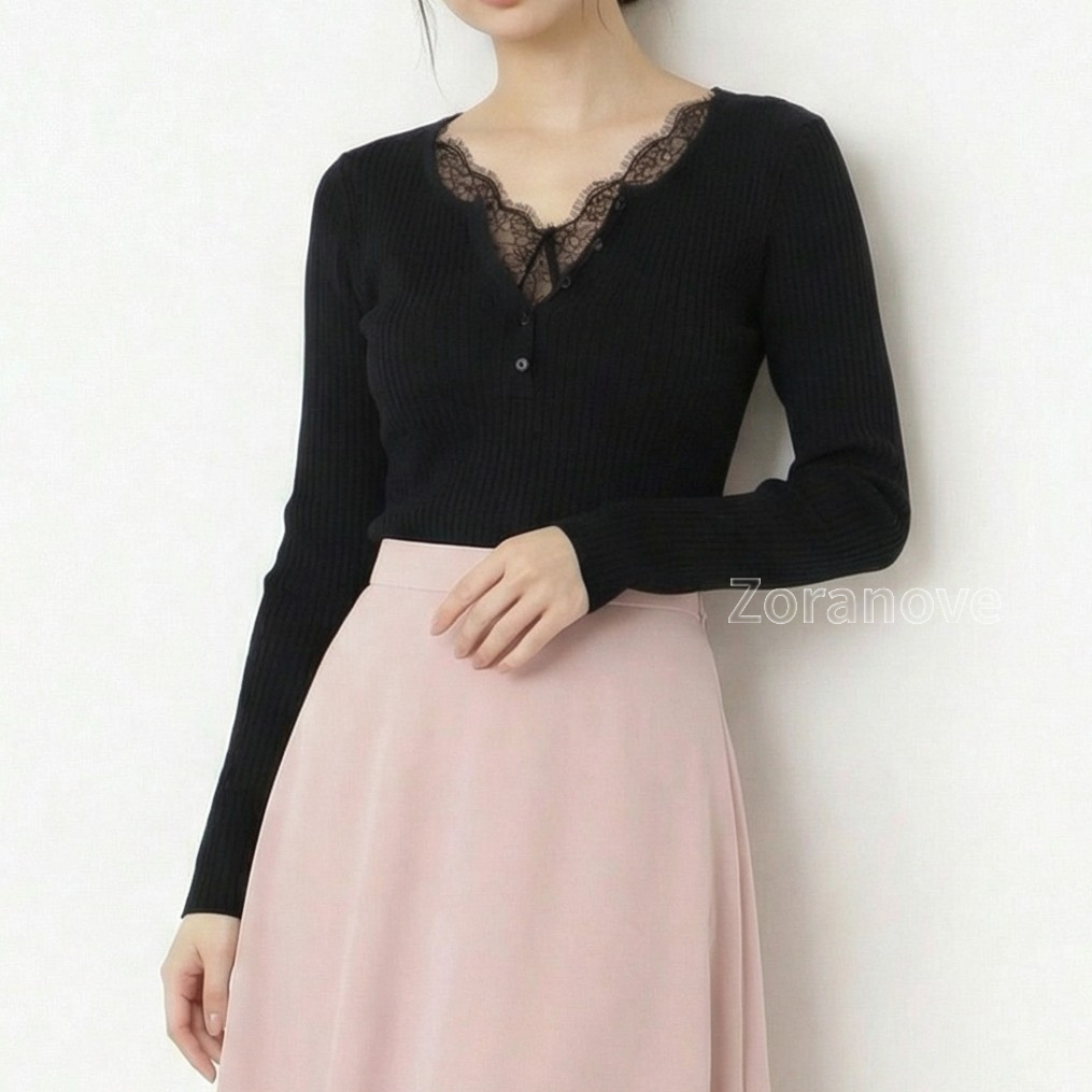 蕾絲拼接V領排釦修身長袖T恤