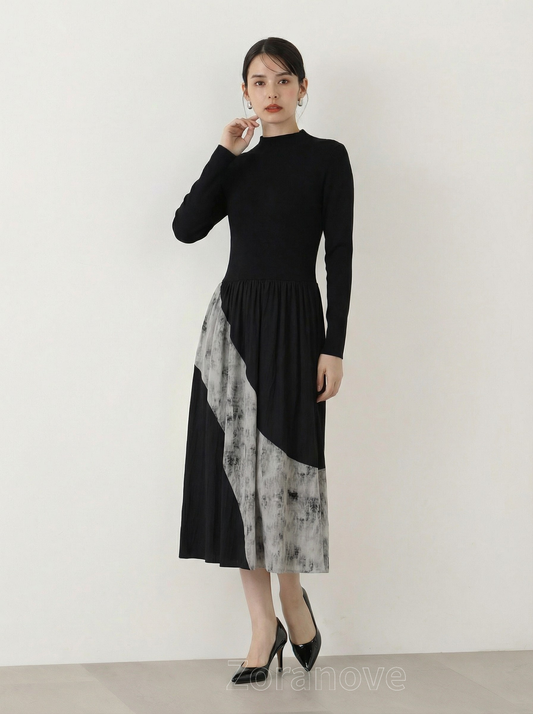 半高領拼接百褶針織洋裝