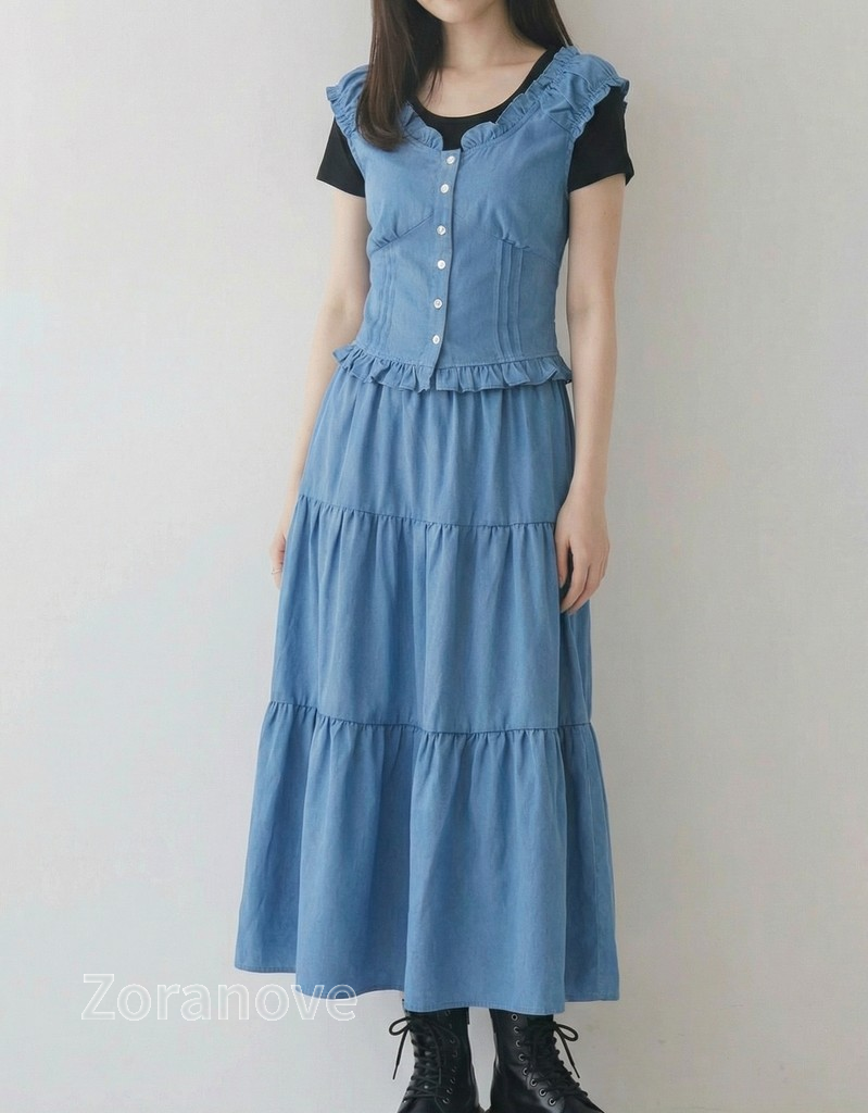 寶藍色荷葉邊排釦吊帶背心+三層蛋糕裙半身裙兩件式套裝