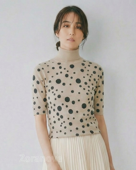 淺灰波點高領短版修身針織上衣