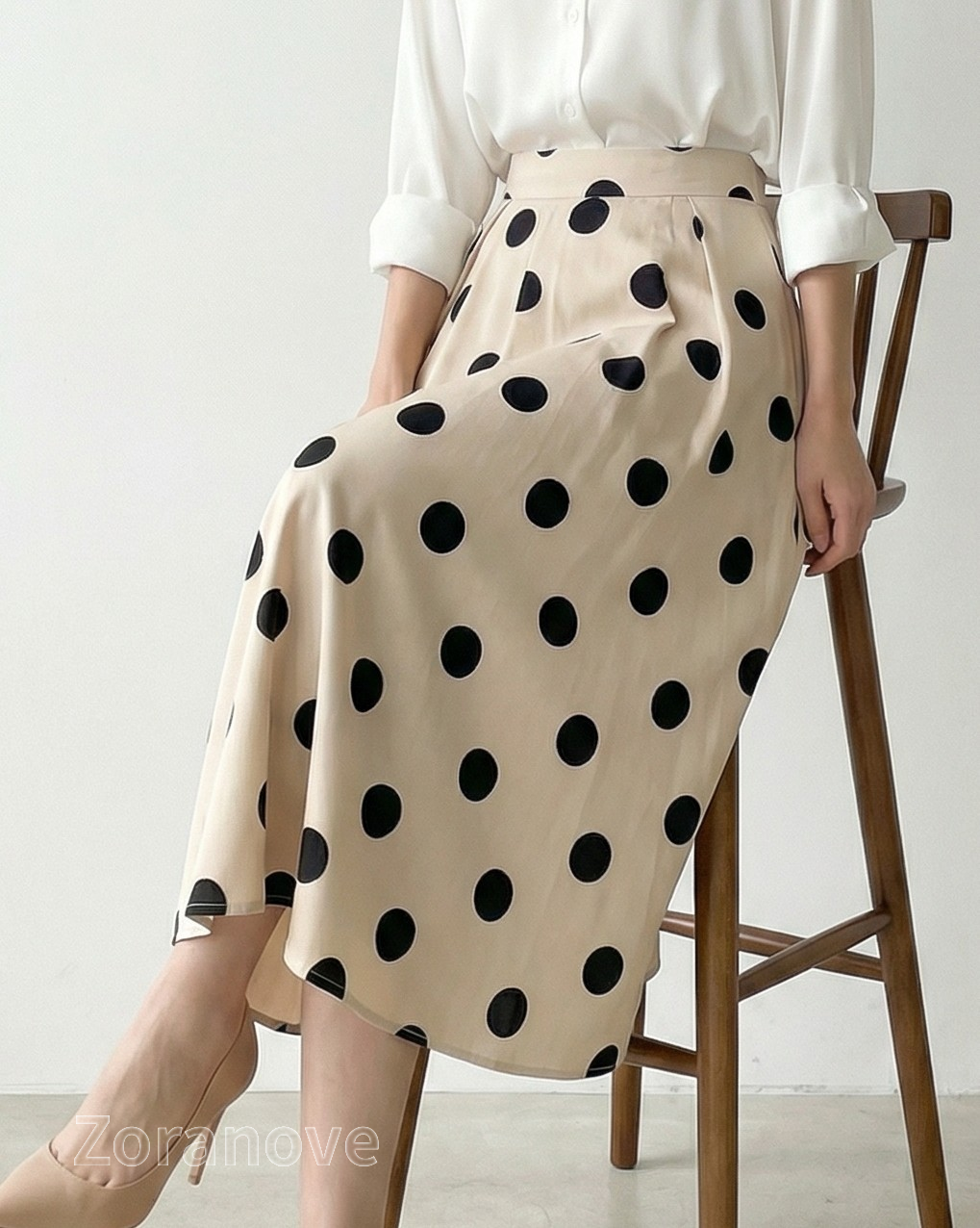 杏色波點高腰褶皺A字中長裙