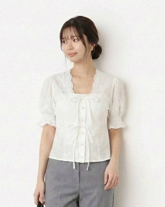 透空刺繡方領綁帶襯衫