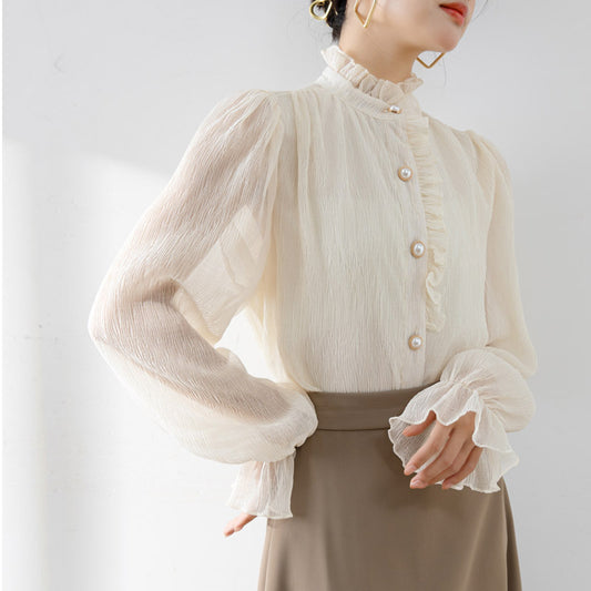 木耳立領荷葉邊門襟泡泡袖襯衫