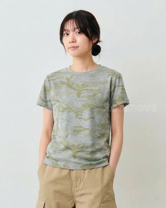 灰底迷彩提花修身短版圓領短袖T恤