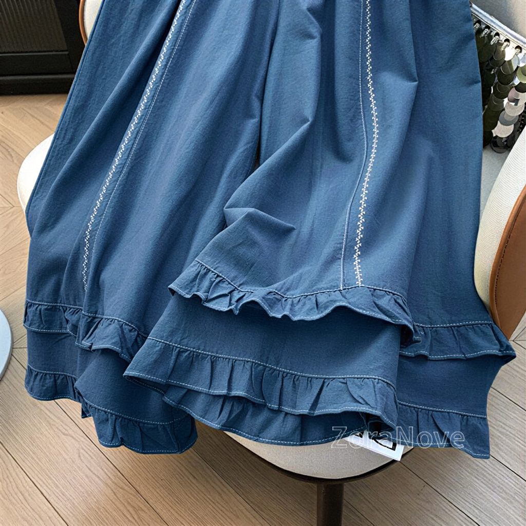 寶藍色高腰鬆緊腰褶邊闊腿長褲