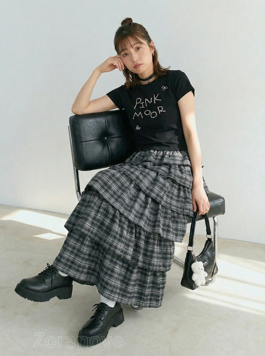 黑色格紋高腰多層蛋糕裙