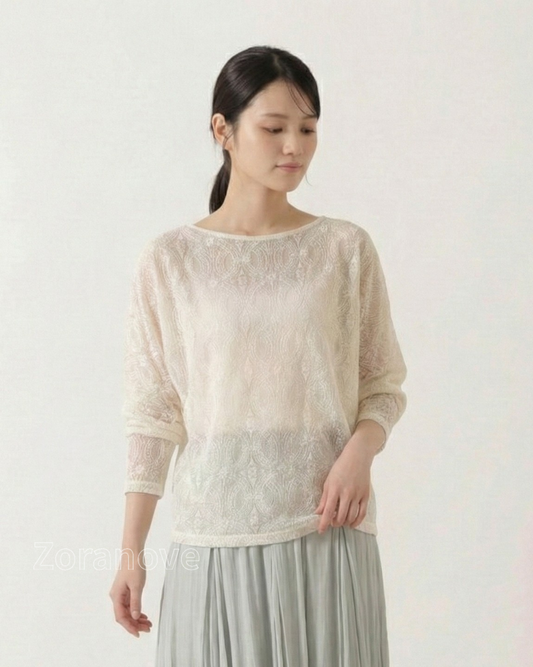 杏色蕾絲透膚蝙蝠袖長版T恤