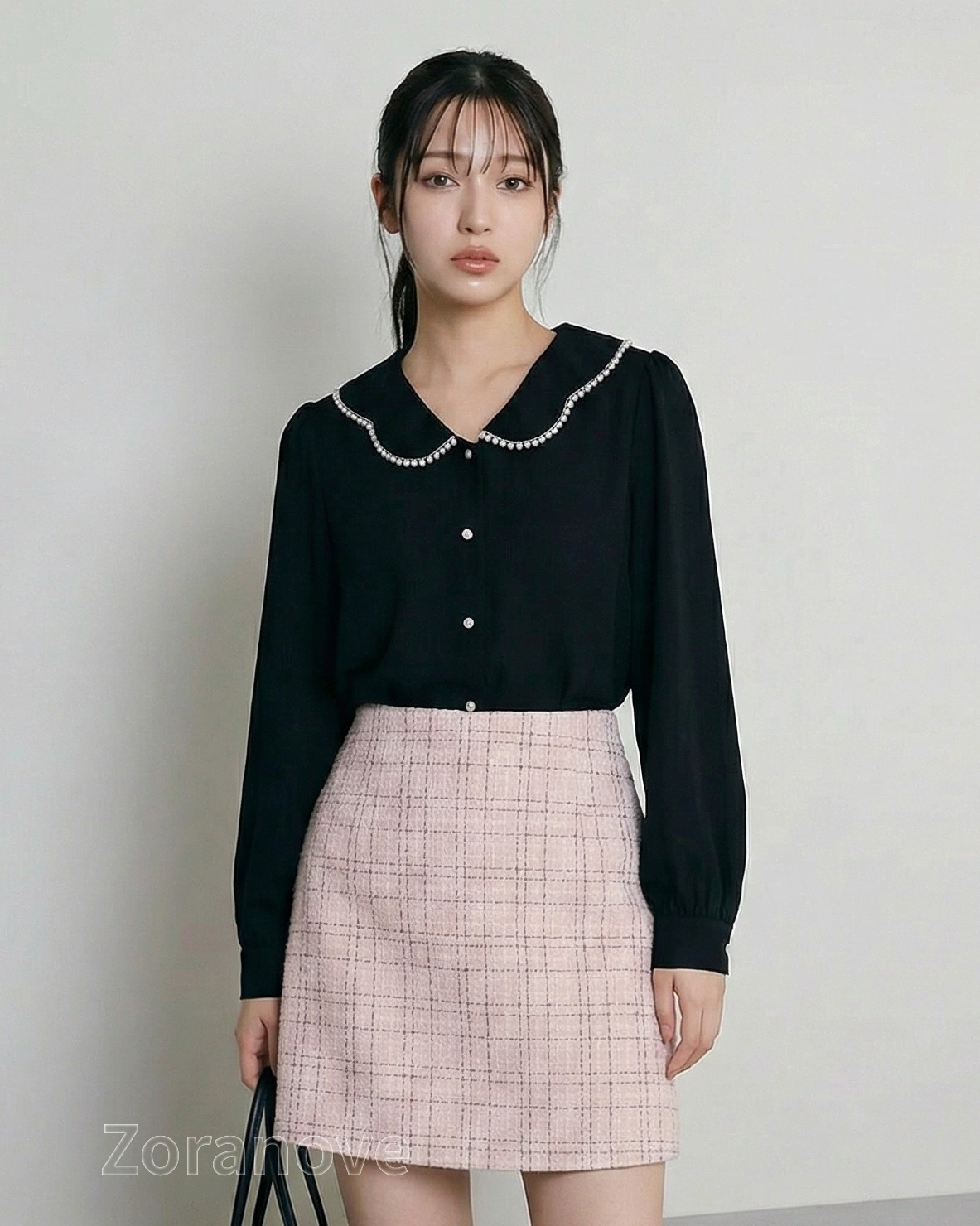 珍珠鑲邊娃娃領燈籠袖襯衫