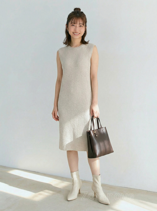 直條紋羅紋無袖直筒針織洋裝