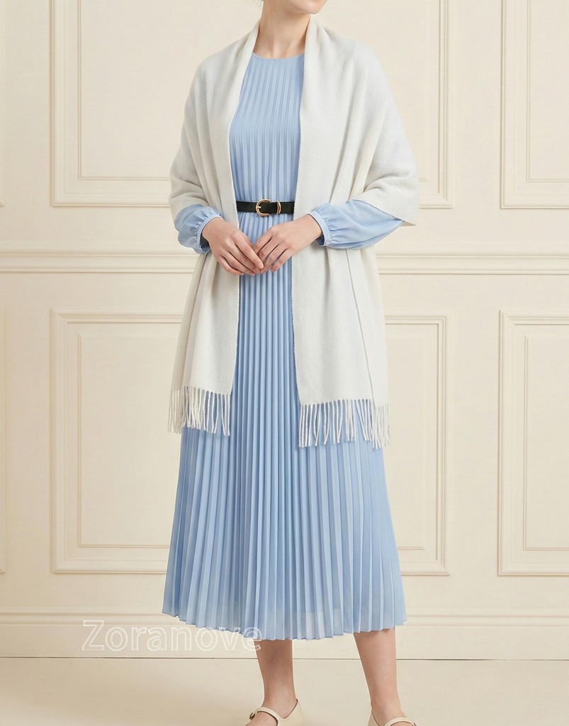 圓領收腰百褶長袖洋裝