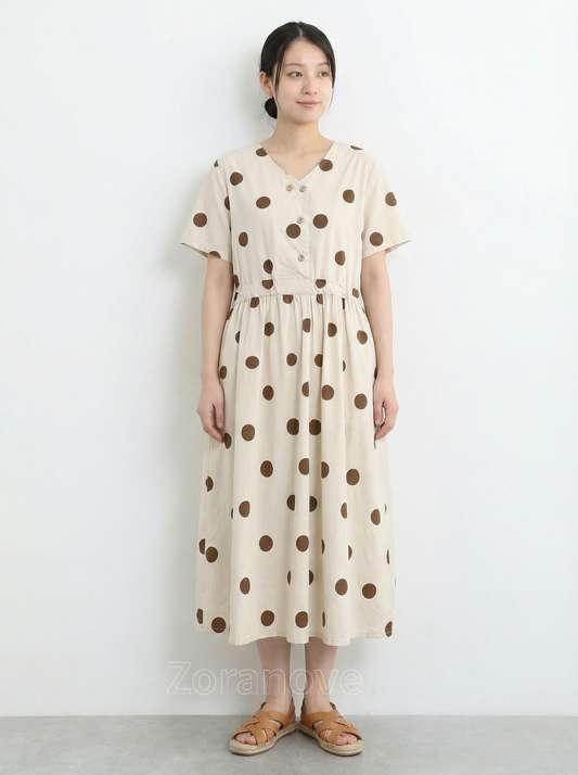 純白底色大圓點收腰排釦洋裝