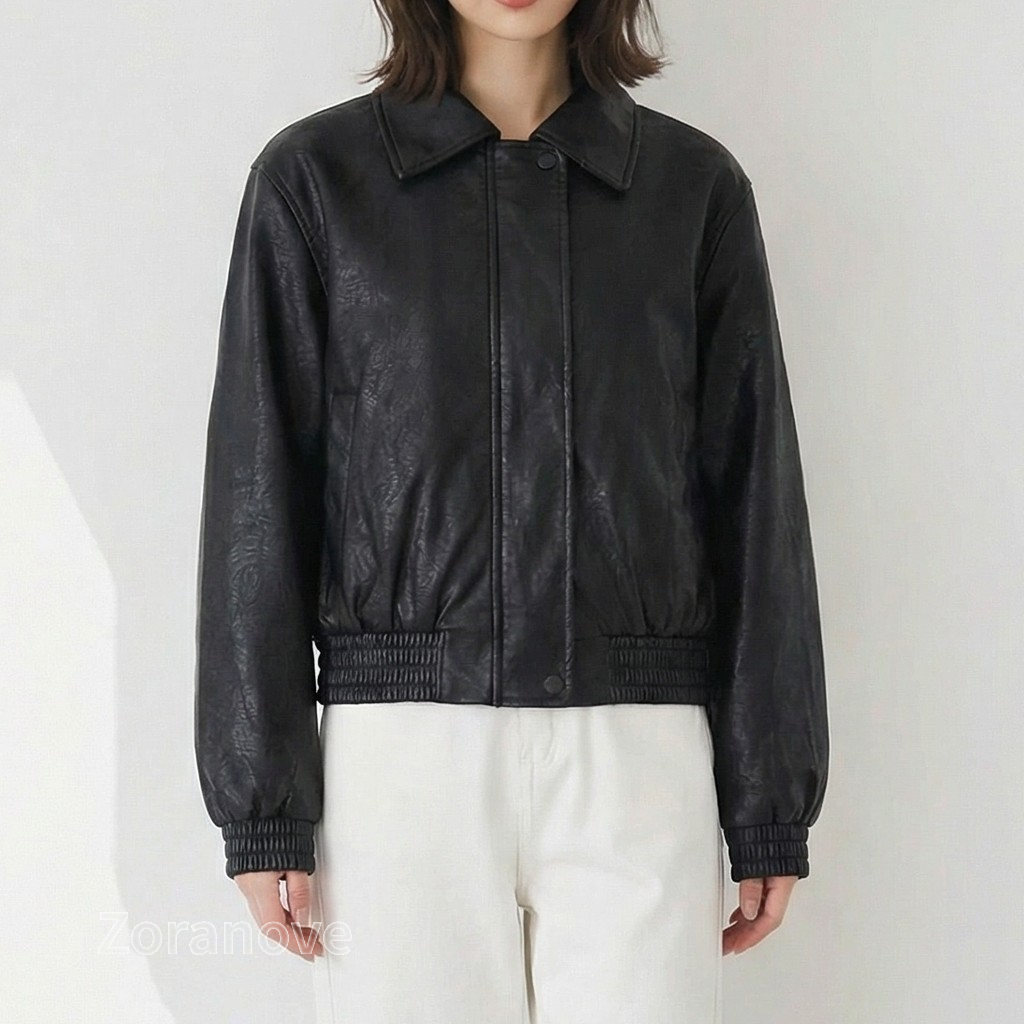 翻領短版寬鬆剪裁皮外套