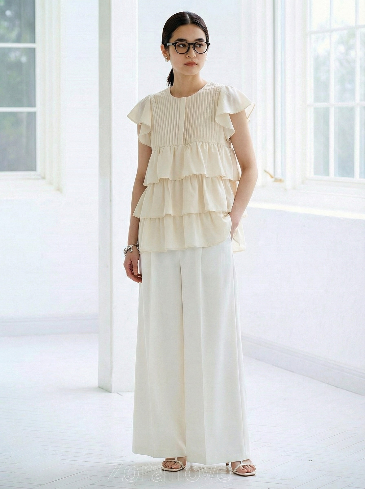 立體壓褶荷葉袖層疊雪紡襯衫