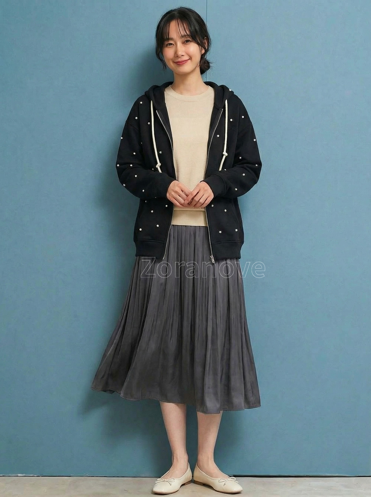 珍珠點綴寬鬆連帽開襟衛衣