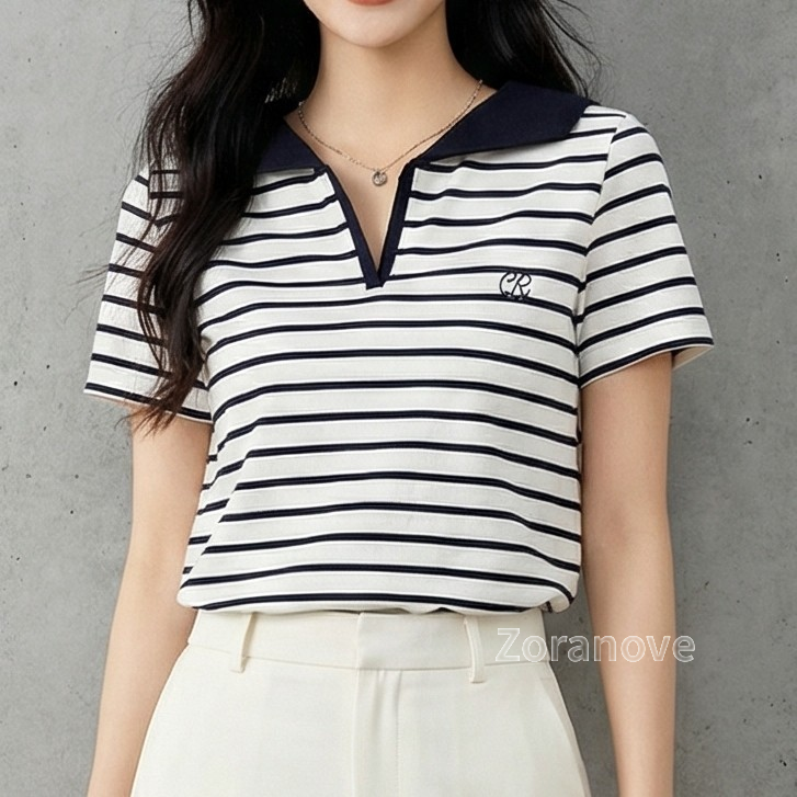 海軍風條紋翻領V領短袖T恤