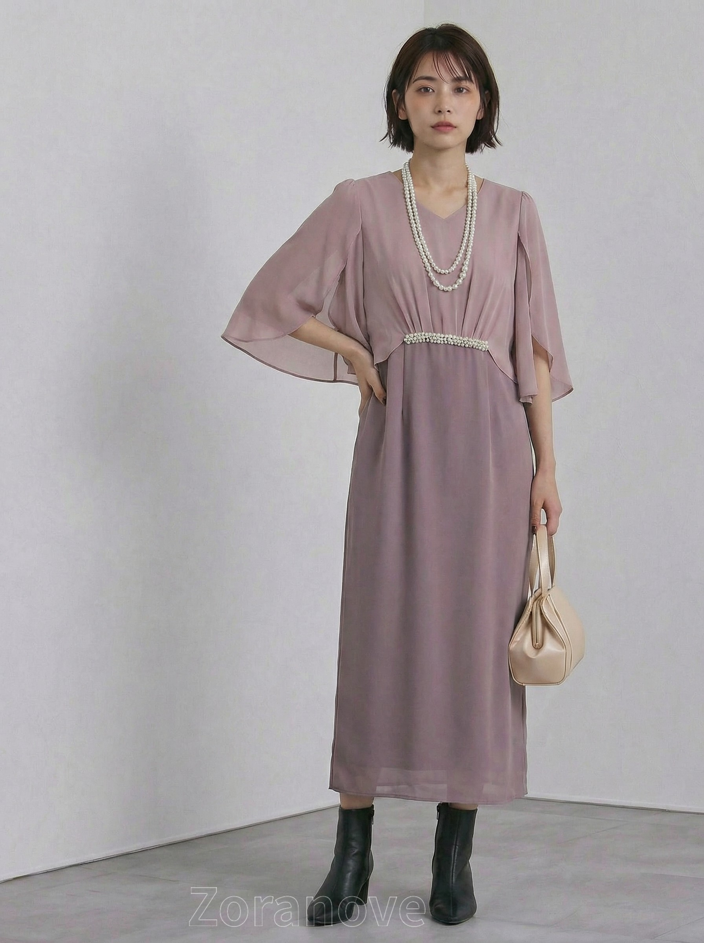 V領披肩袖收腰直筒長版洋裝