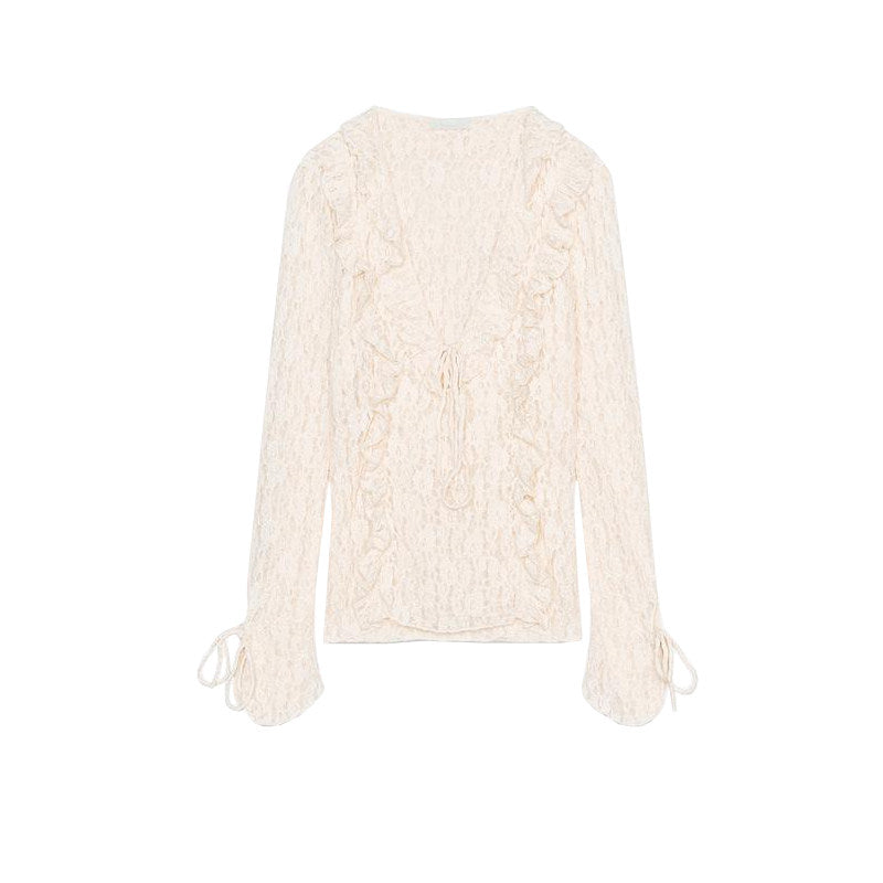 蕾絲透視荷葉邊綁帶長袖上衣