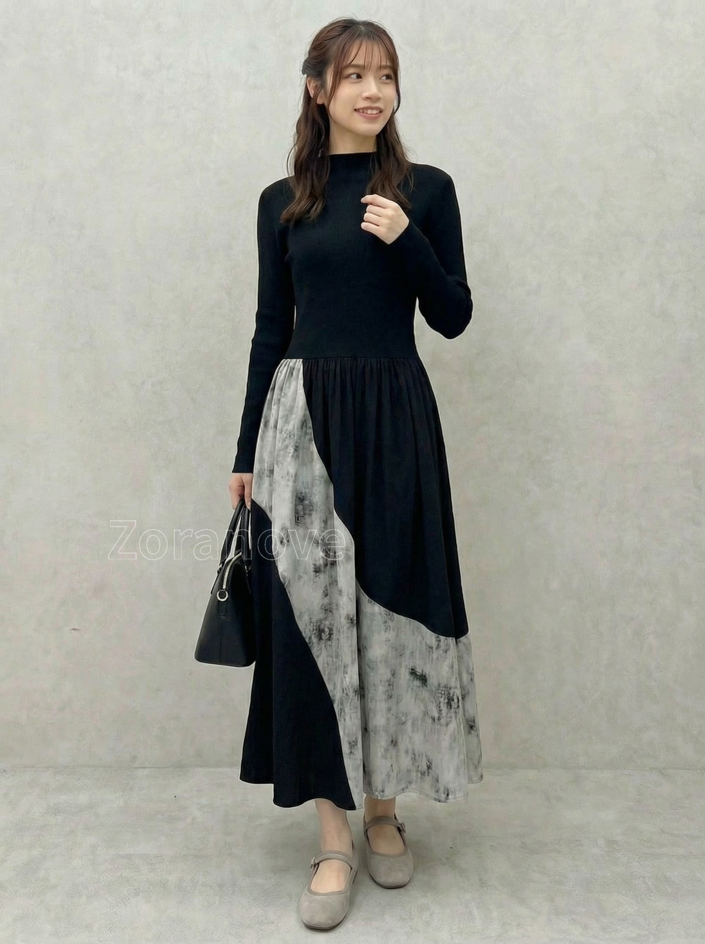 半高領拼接百褶針織洋裝