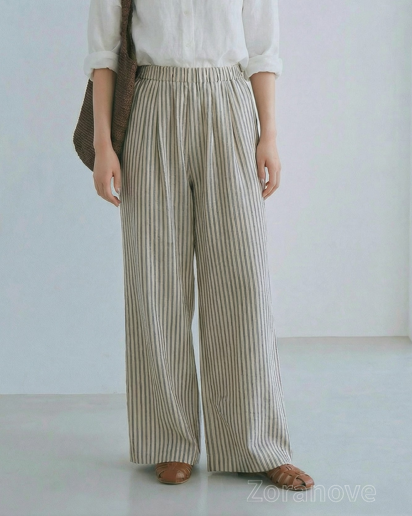 細直條紋高腰鬆緊腰垂墜闊腿褲