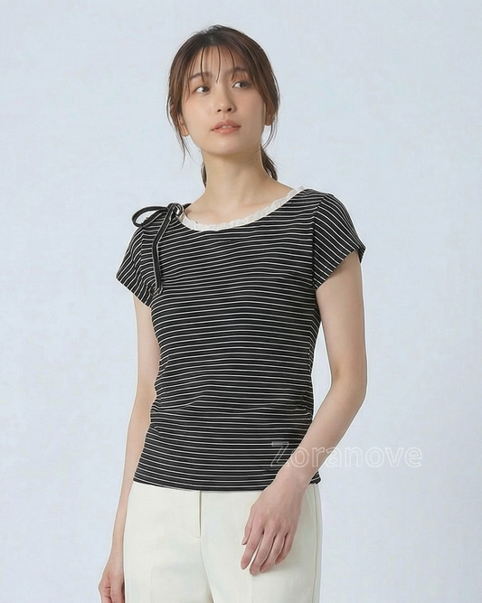 蝴蝶結綁帶條紋短袖T恤