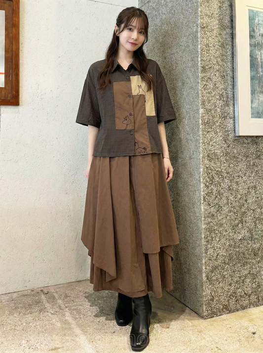 拼色貼布印花襯衫+不規則層次感半身裙兩件式套裝