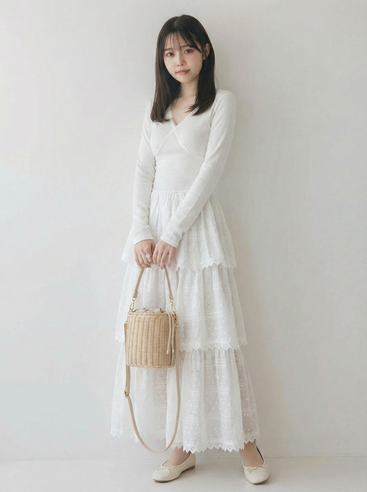 V領收腰拼接層疊裙擺長袖A字洋裝