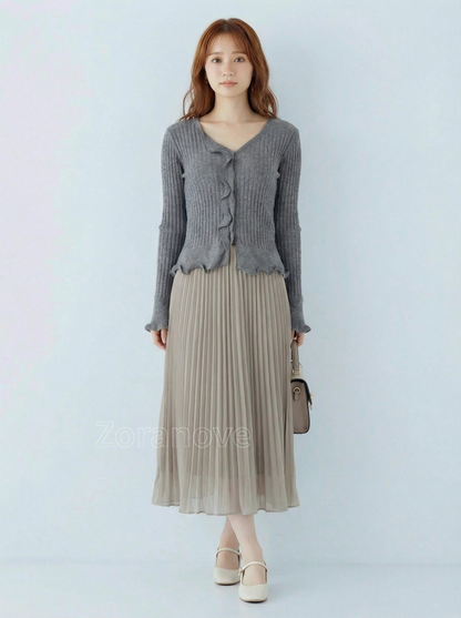 灰階V領荷葉邊修身羅紋針織上衣