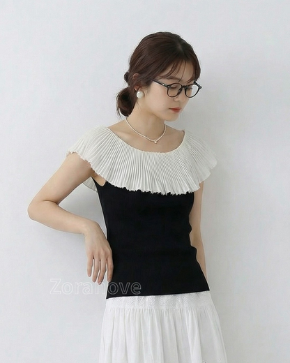 一字領荷葉邊修身短袖針織上衣