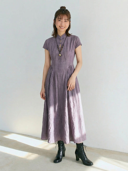 立領盤扣收腰褶襉大擺旗袍洋裝