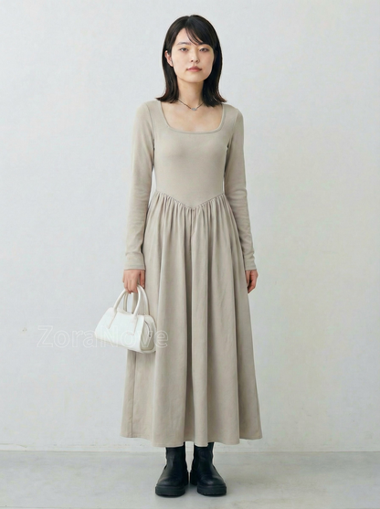 方領修身剪裁＋下擺大擺針織連身裙