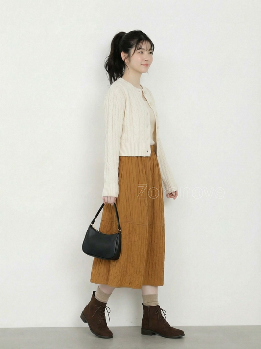 高腰鬆緊腰褶皺質感中長A字裙