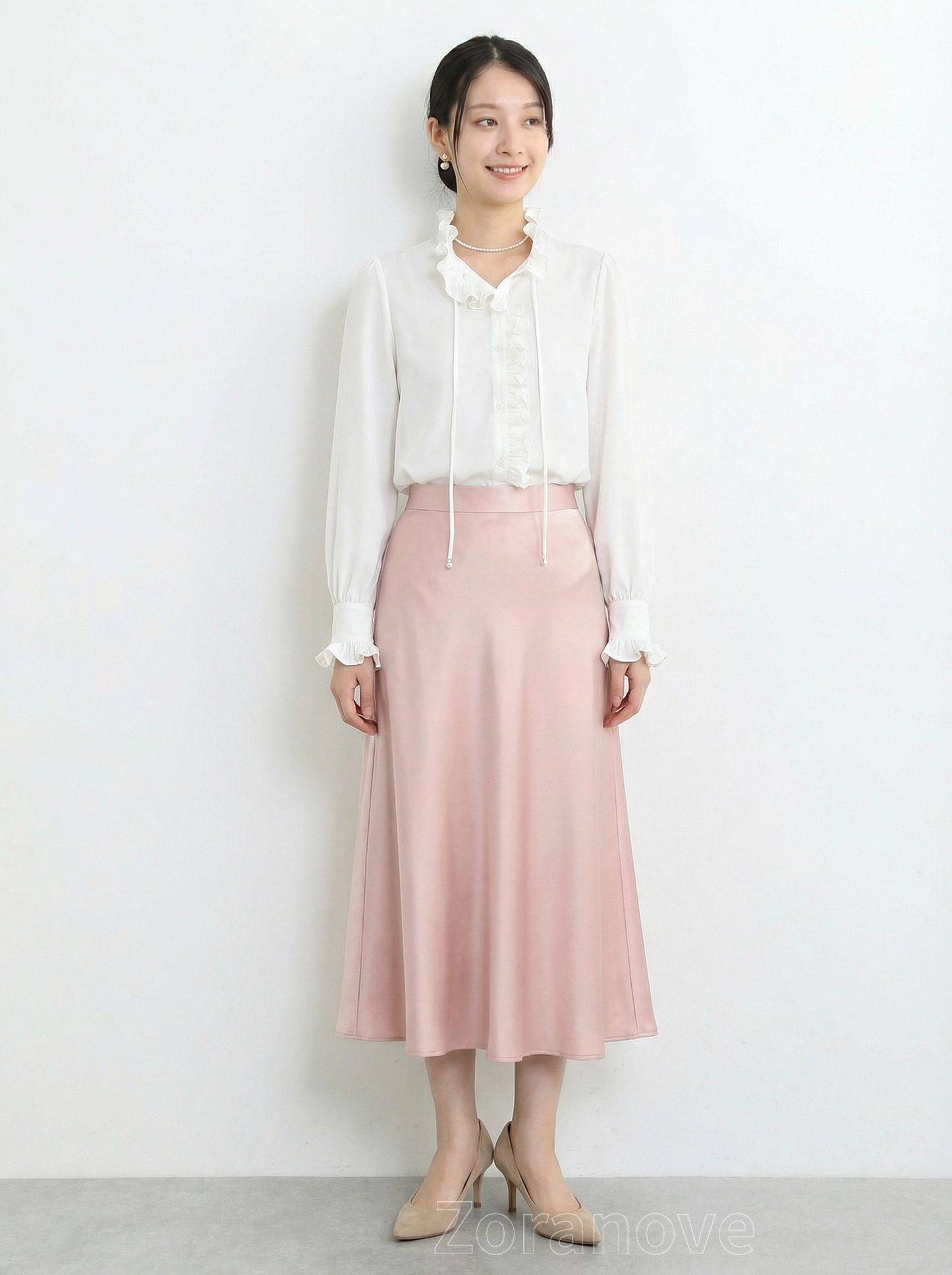 荷葉邊立領綁帶長袖襯衫