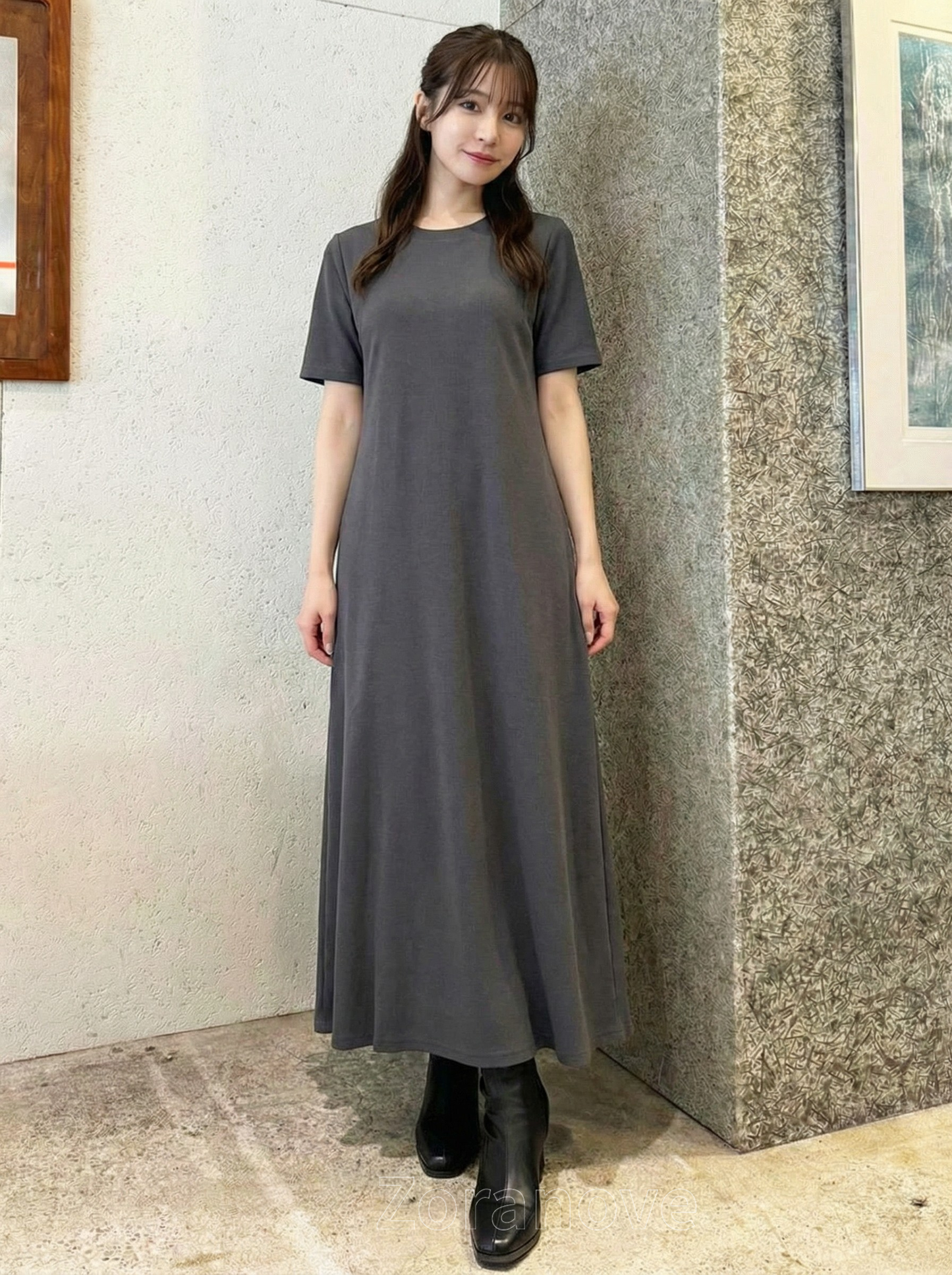 圓領短袖直筒垂墜感長版洋裝