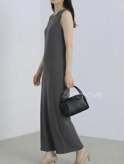 圓領短袖直筒垂墜感長版洋裝