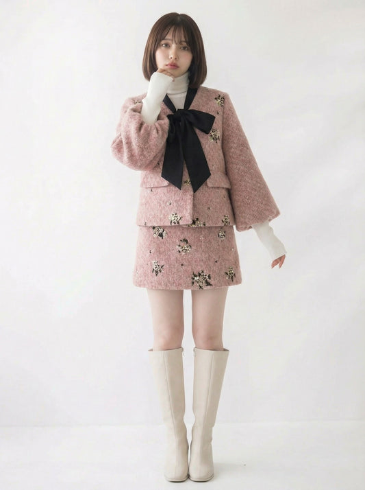 淺粉紅色粗花呢蝴蝶結領短洋裝／長洋裝套組