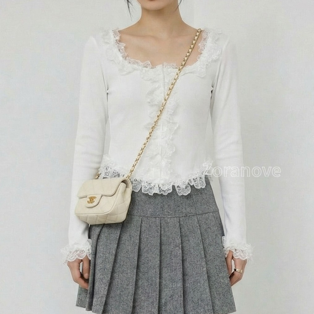 方領蕾絲滾邊修身內搭上衣