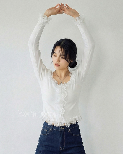 方領蕾絲滾邊修身內搭上衣
