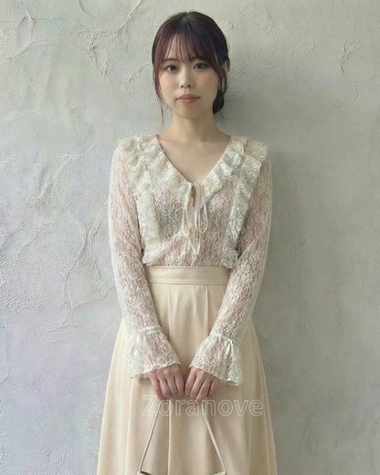 蕾絲透視荷葉邊綁帶長袖上衣