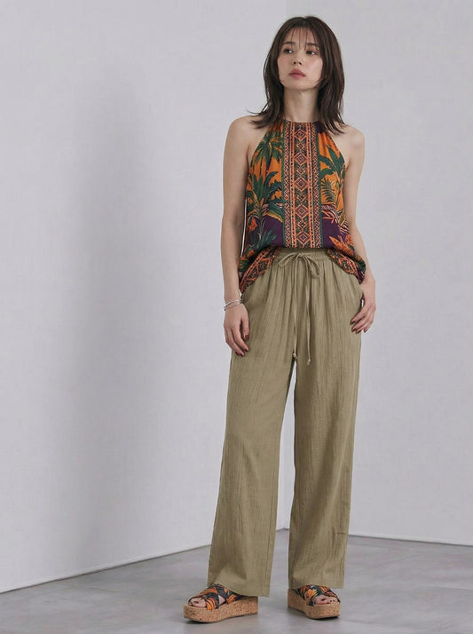 鬆緊高腰綁繩垂墜感寬褲