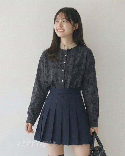 黑色千鳥格紋立領寬鬆長袖襯衫