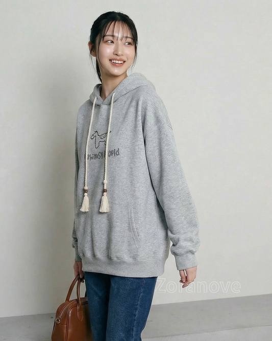 灰階刺繡小狗流蘇抽繩連帽衛衣