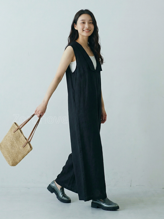 深V翻領闊腿無袖連身褲