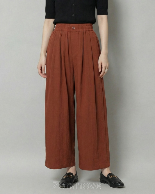 高腰鬆緊腰褶皺寬褲