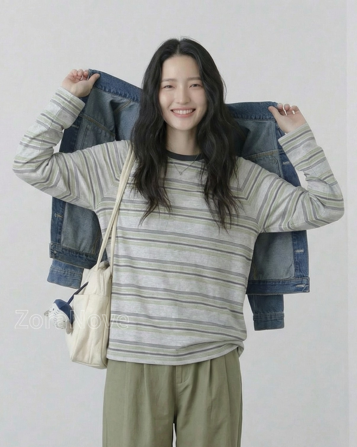 深綠色條紋寬鬆落肩長袖T恤