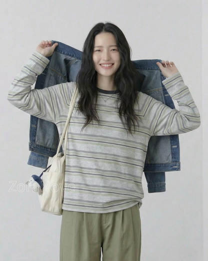 深綠色條紋寬鬆落肩長袖T恤