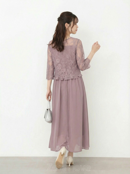 蕾絲罩衫拼接飄逸A字擺假兩件式中長洋裝