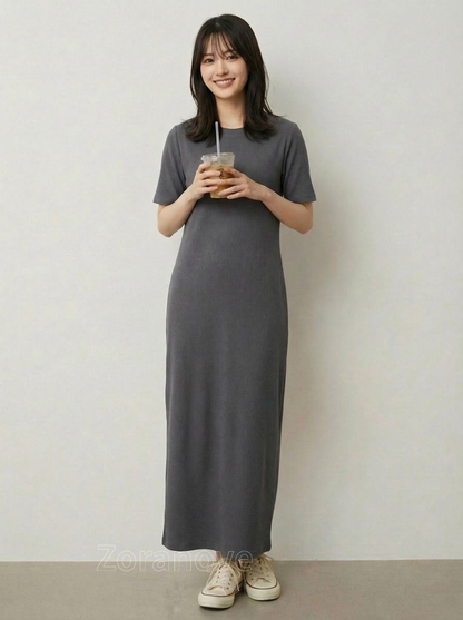 圓領短袖直筒垂墜感長版洋裝