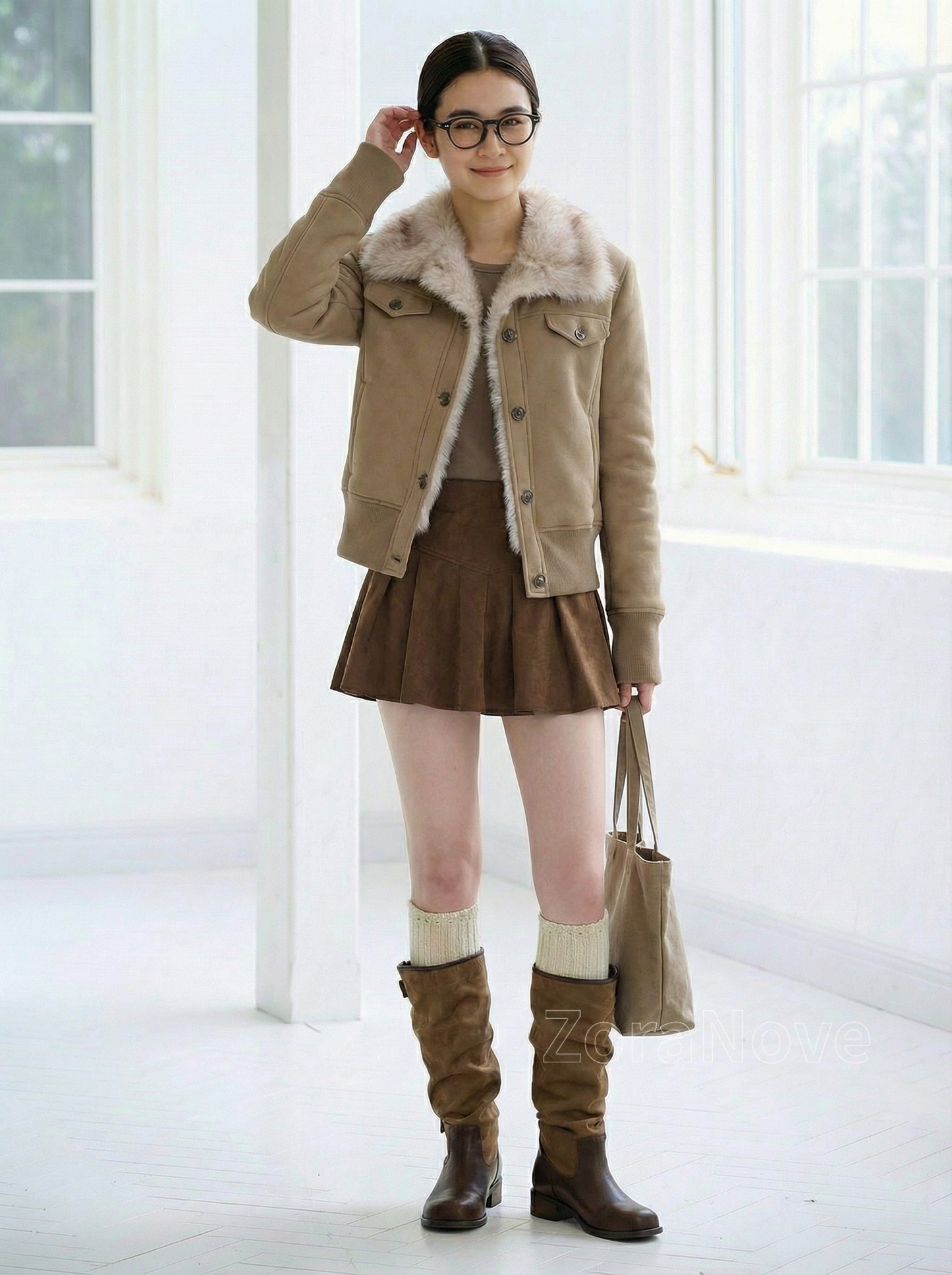 毛絨翻領短版收腰連帽衛衣外套