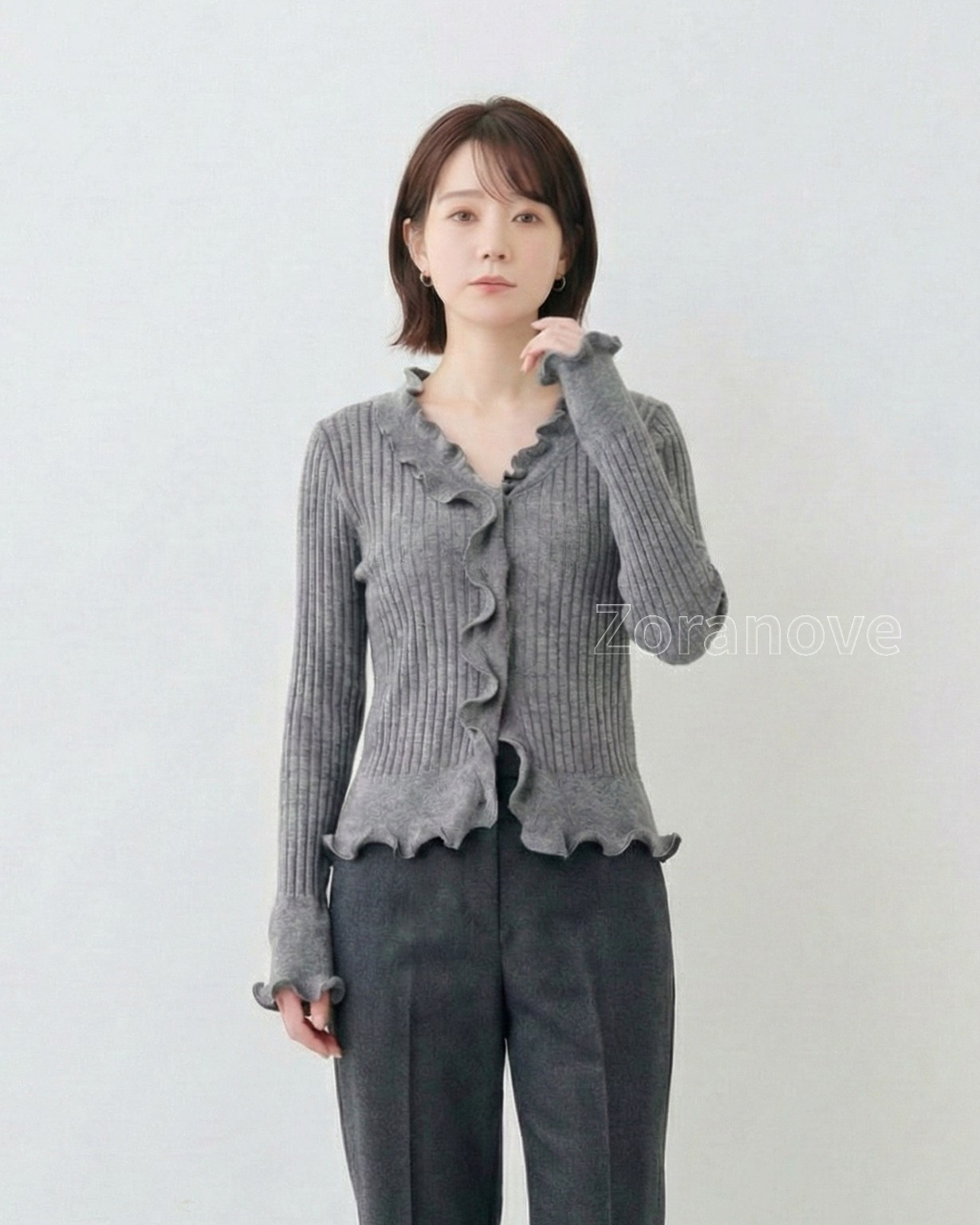 灰階V領荷葉邊修身羅紋針織上衣